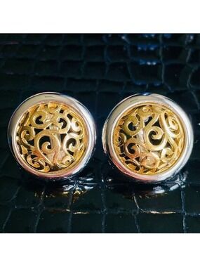 Vintage Givenchy Gold And Silver Tone Filigree Caged Omega Back Earrings